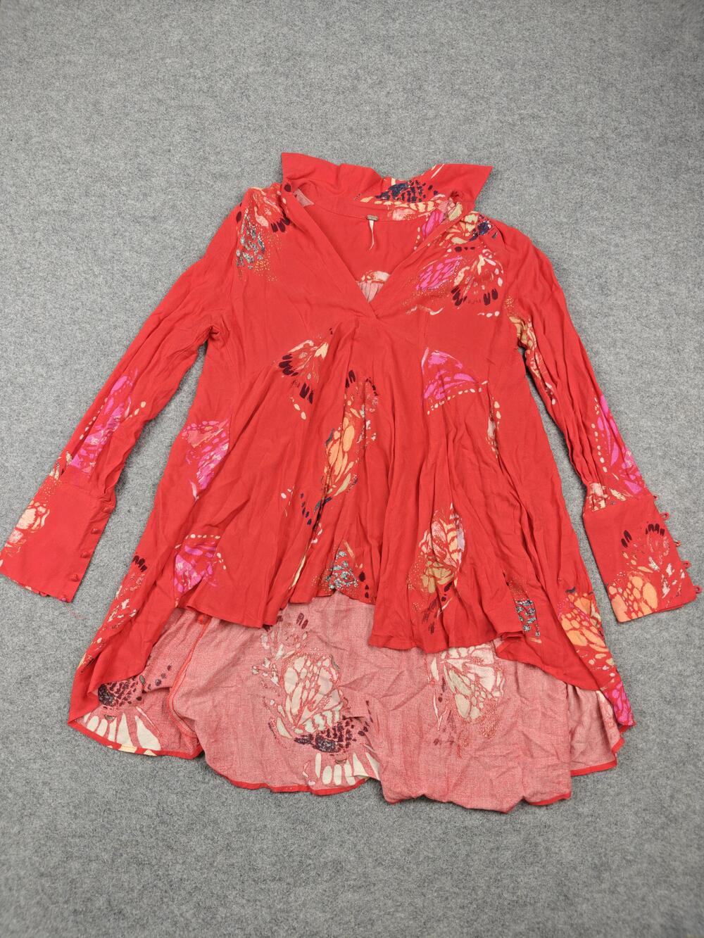 Free People Dress Womens Small Red Trapeze Hi-Low V-Neck Bell Sleeve Rayon